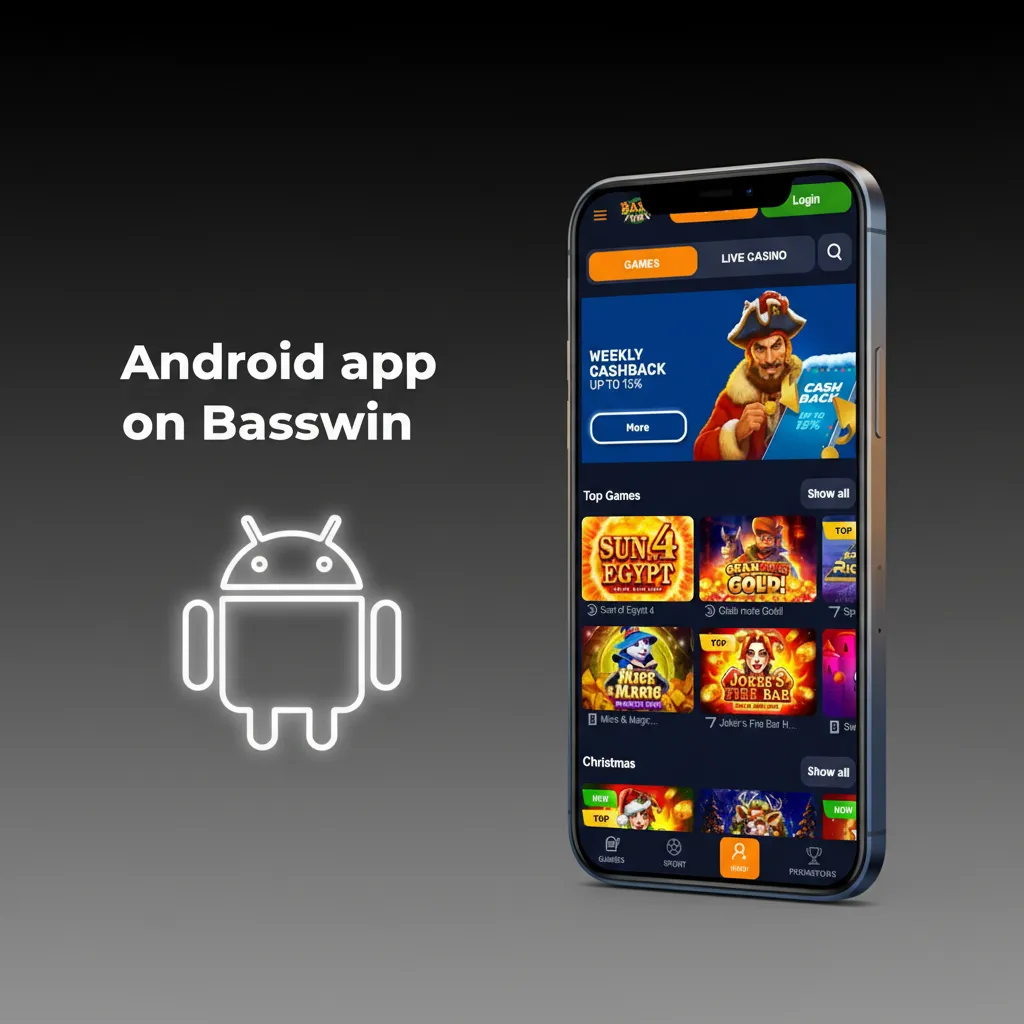 Basswin Android app on phone showing fast markets, cash out, and casino features; supports Android 8+.