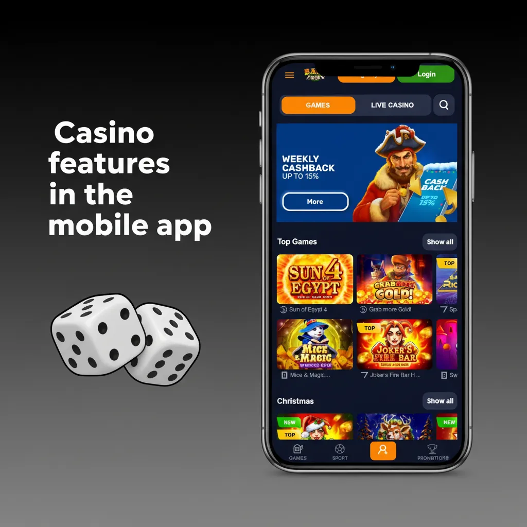 Mobile casino app with fast access, slots, live dealer roulette, blackjack and baccarat, plus promos for free spins.