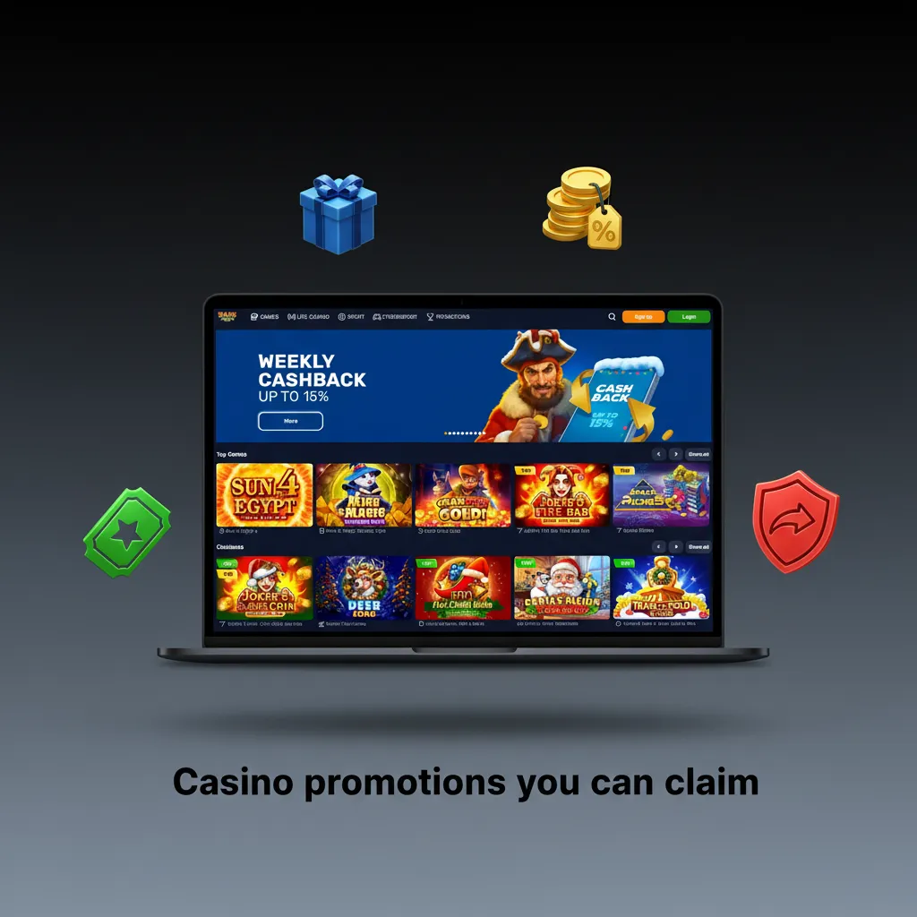 Casino promotions you can claim: Daily Slots Reload, Weekend Free Spins, Weekly Cashback, High Roller Reload.