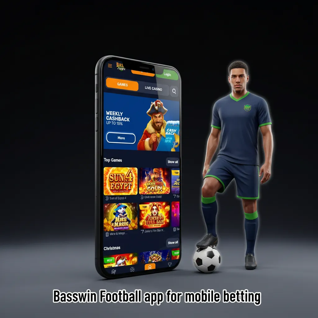 Basswin Football betting app on phone with in‑play odds, Cash Out, and biometric sign‑in.