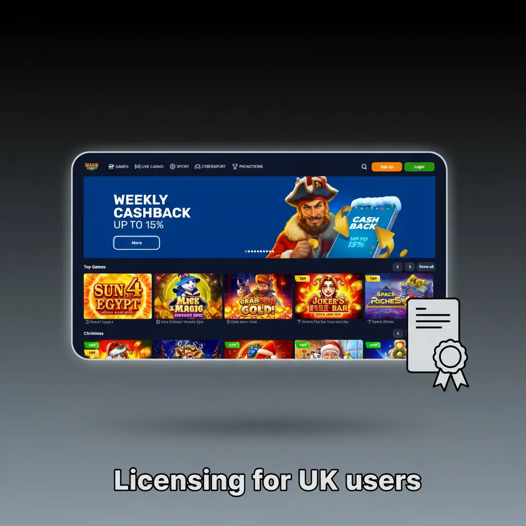 UK licensing info with footer licence seal, issuer and date; covers betting, casino, KYC/AML, regulator oversight.