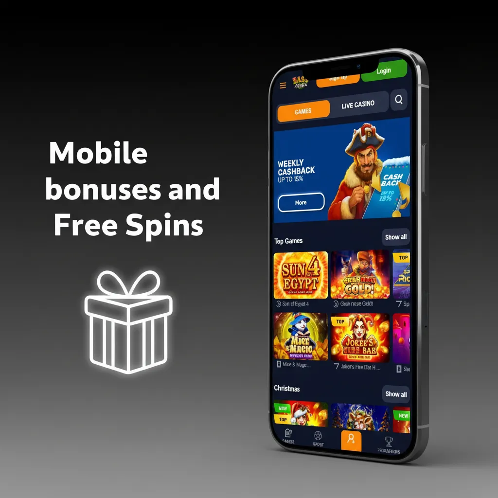Mobile app screen with casino welcome bonuses, free spins on slots, and rotating sports promotions.