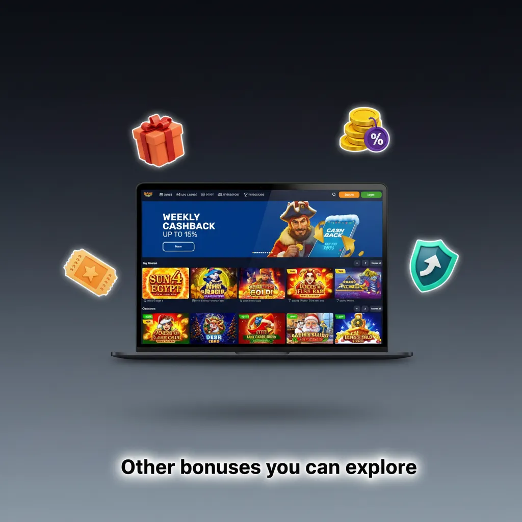 Graphic listing casino bonus types: reload bonus, free spins, weekly cashback, live casino boost, loyalty/VIP rewards.