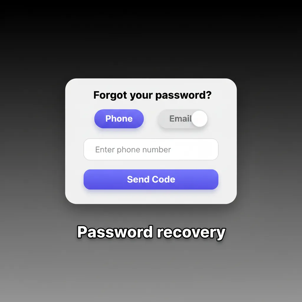 Password recovery steps: select Forgot password, choose email/SMS, verify code or link, set new password, contact support.