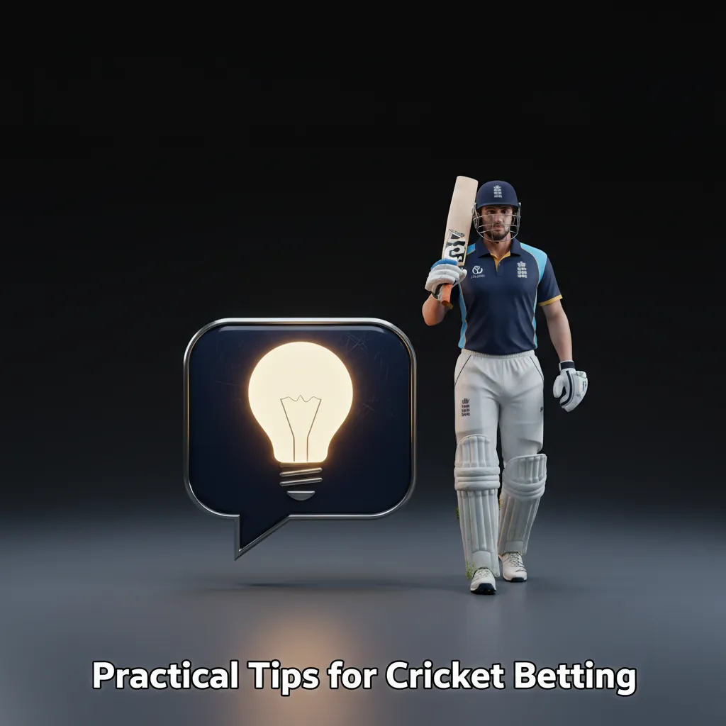 Infographic of practical cricket betting tips: analyze form, weather/pitch, venue stats, bankroll plan, live rules, tools.