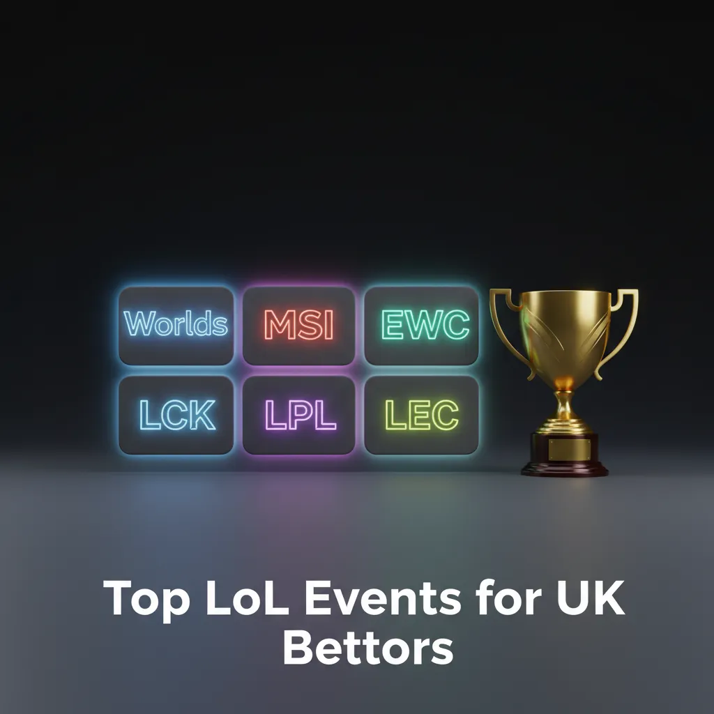 Graphic listing top LoL events: Worlds, MSI, EWC, LEC, LCK, LPL—guide for UK bettors tracking value odds.