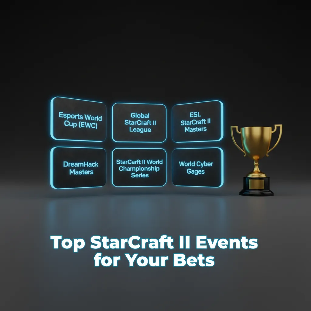 Graphic of top StarCraft II betting events: EWC, GSL, ESL Masters, IEM Katowice, WTL, HomeStory Cup, ESL qualifiers.