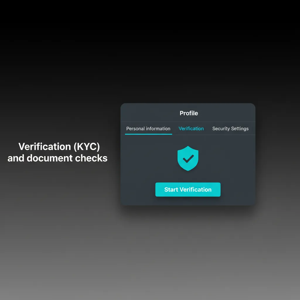 KYC verification steps: email/phone check, personal details, passport/UK licence, address proof, and masked payment method.