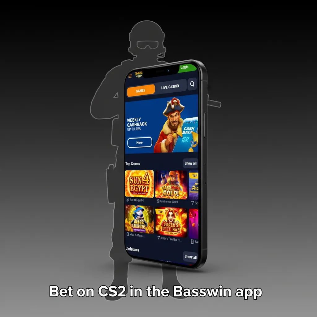 Phone displaying Basswin app: CS2 esports betting, live odds, fast markets, quick payouts, and notifications.