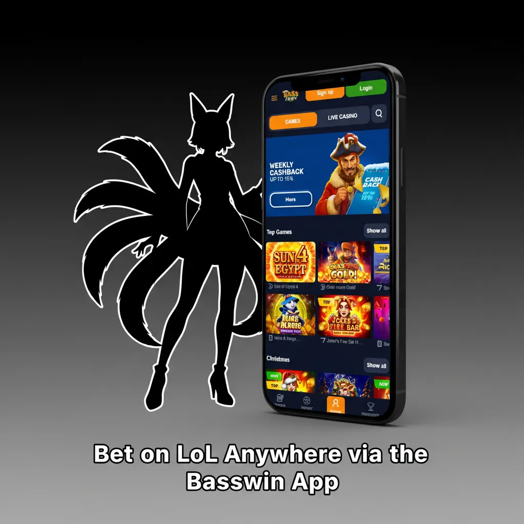 Basswin mobile app showing League of Legends esports betting with live odds and alerts on a smartphone.