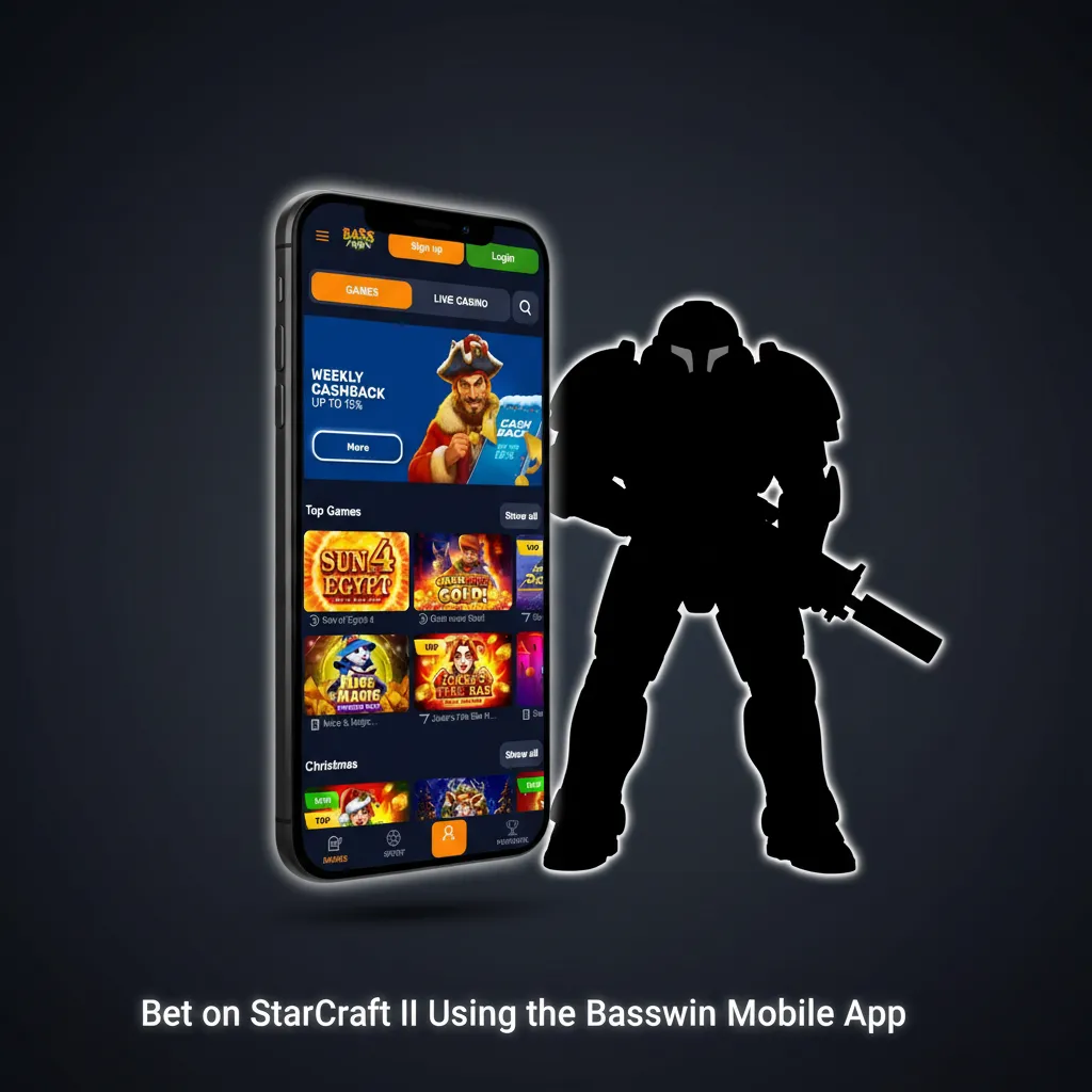 Basswin mobile app showing StarCraft II esports odds on a smartphone, with live markets, cash out, and bet slip entry.
