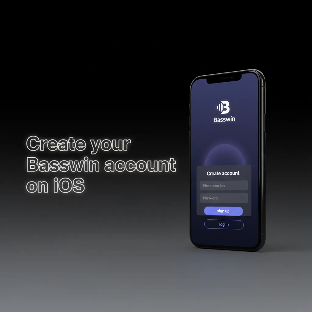 Basswin iOS sign-up screen showing steps: tap Sign Up, enter info, verify email/phone, upload ID for KYC.