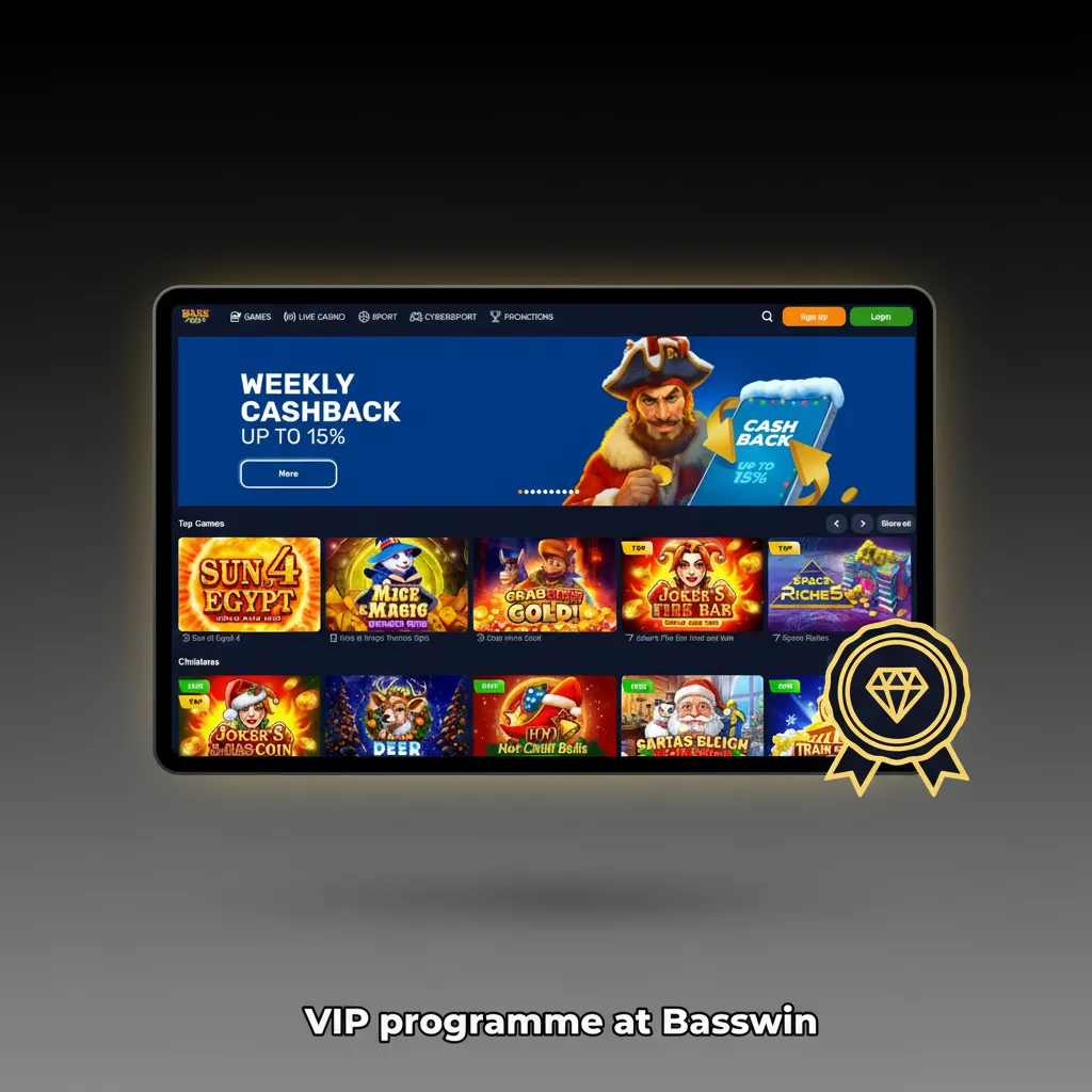 Basswin VIP program graphic with tier ladder, points progress, and perks: cashback, faster payouts, tailored offers.