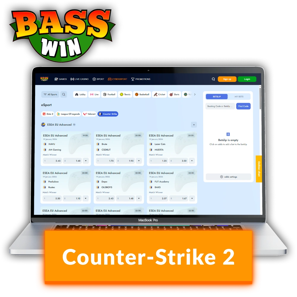 Start betting on Counter Strike 2 matches using Basswin features.