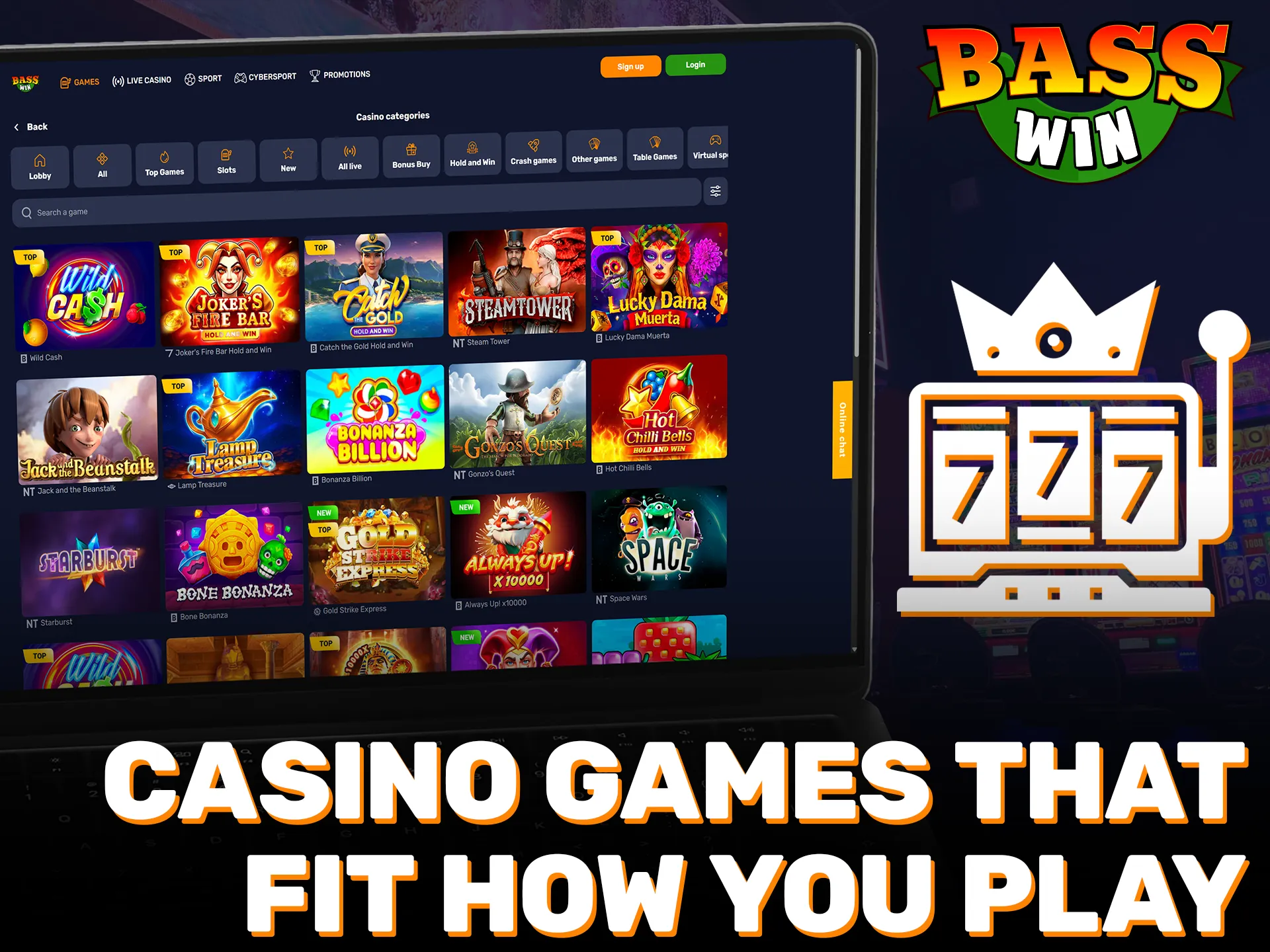 Play various casino games on the Basswin platform to win big.