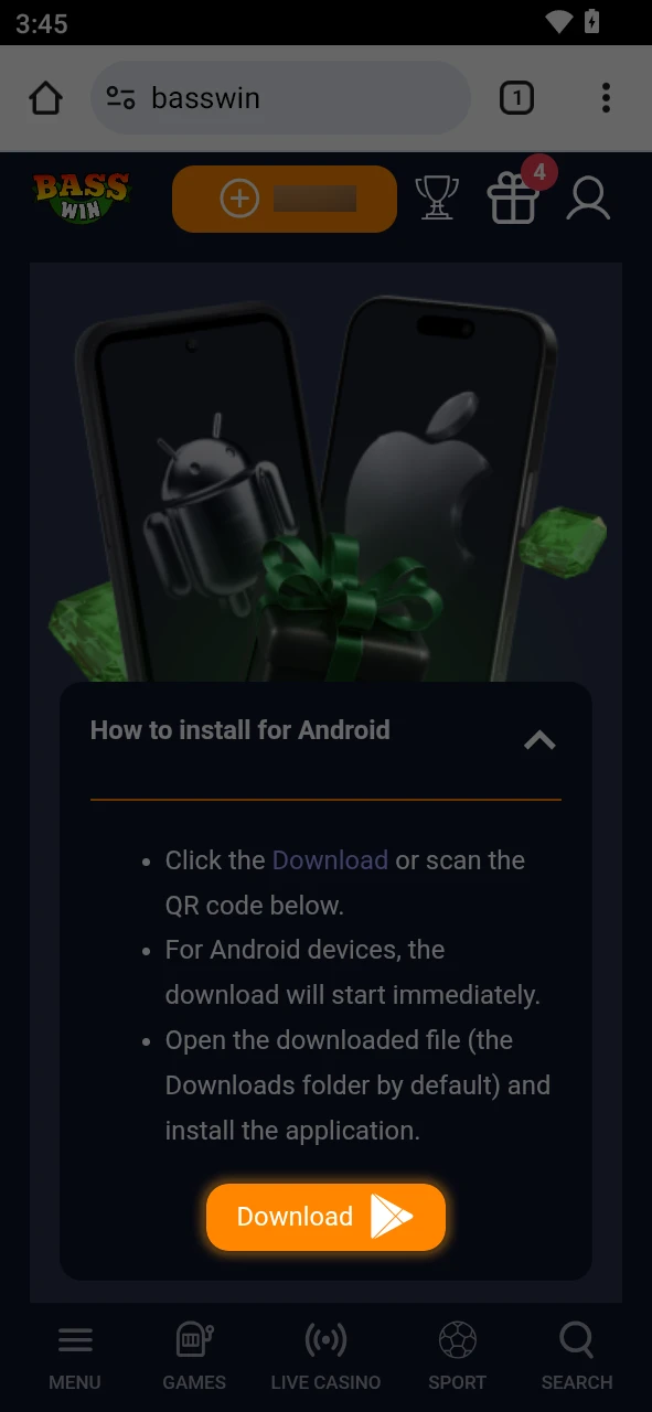 Click the “App” button to find the Basswin android download link.