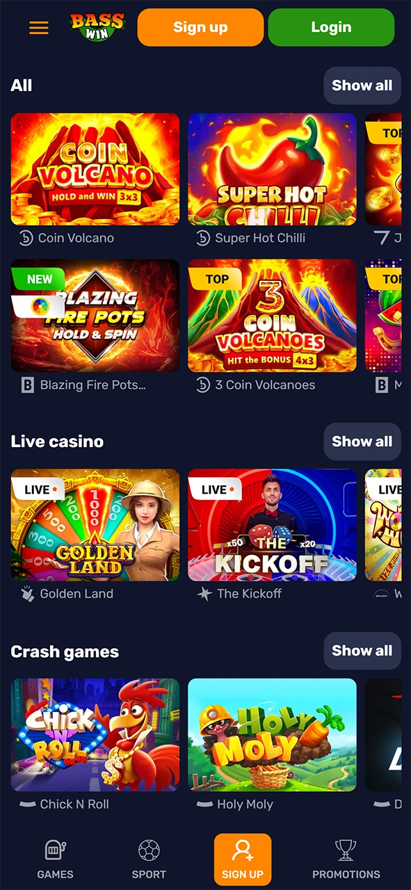 Launch the casino android lobby and play top-tier games on Basswin.