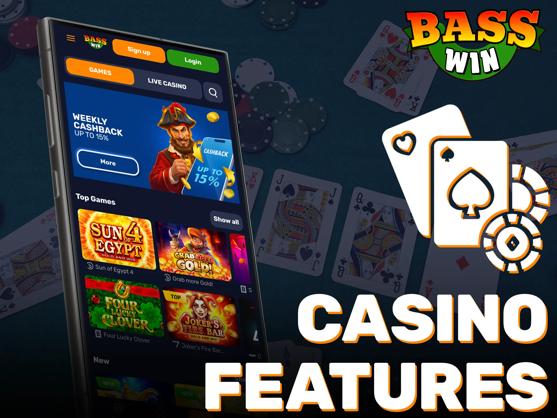 Enjoy exciting casino features in the mobile app provided by Basswin.