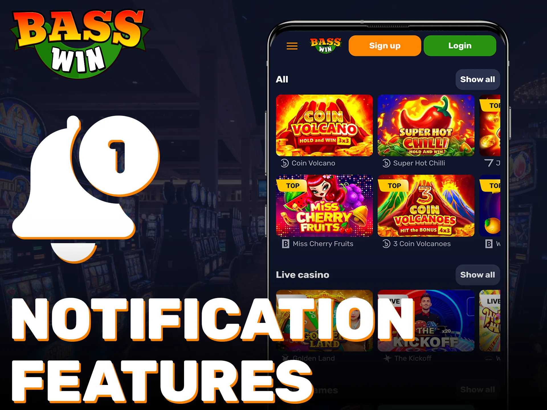 Enable notification features to stay updated on all Basswin app events.