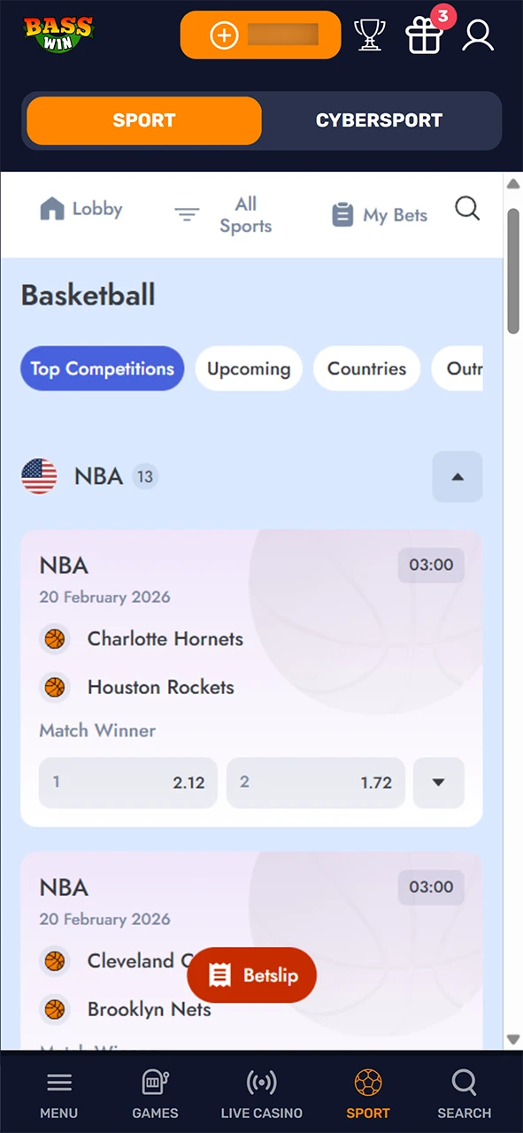 Open the Basketball menu at Basswin to pick a top league.