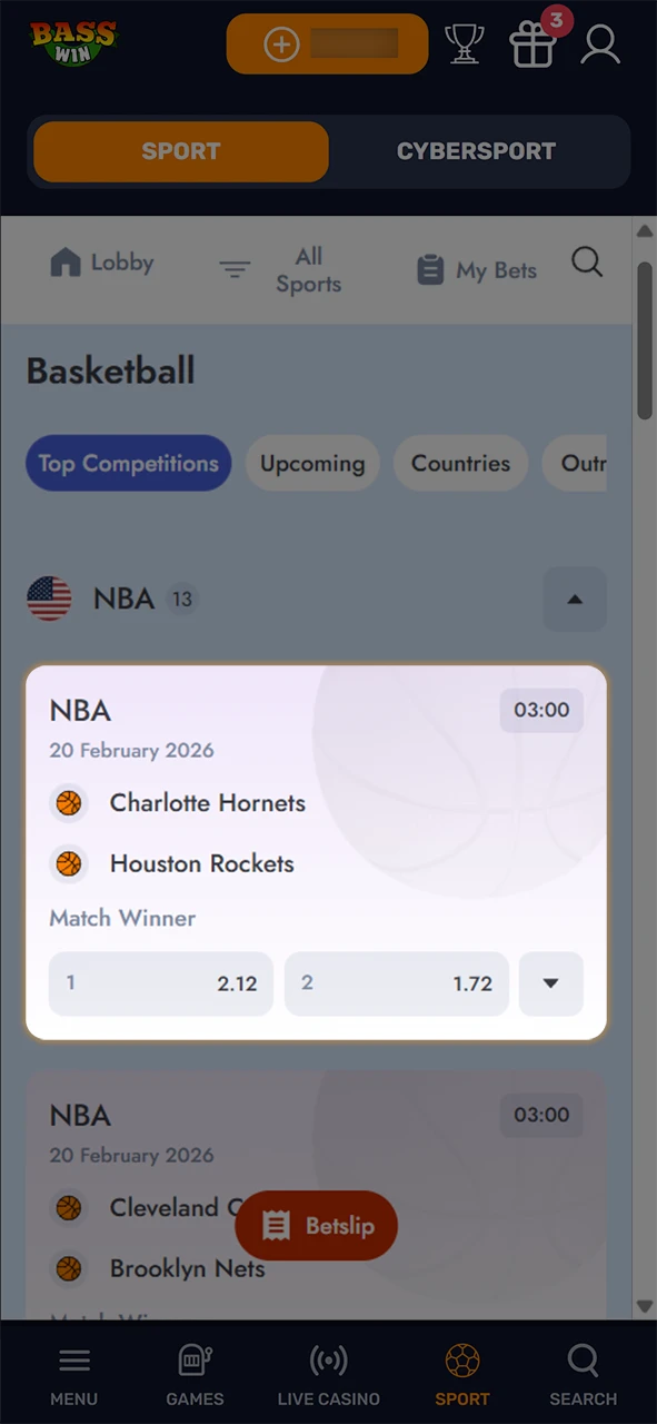 Select a Basketball betting market at Basswin for maximum excitement.