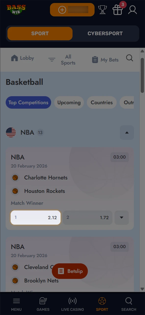 Add the Basketball odds to your Basswin slip and play.