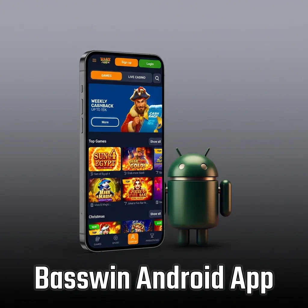 Basswin Android app interface showing sports betting and casino games available for mobile download