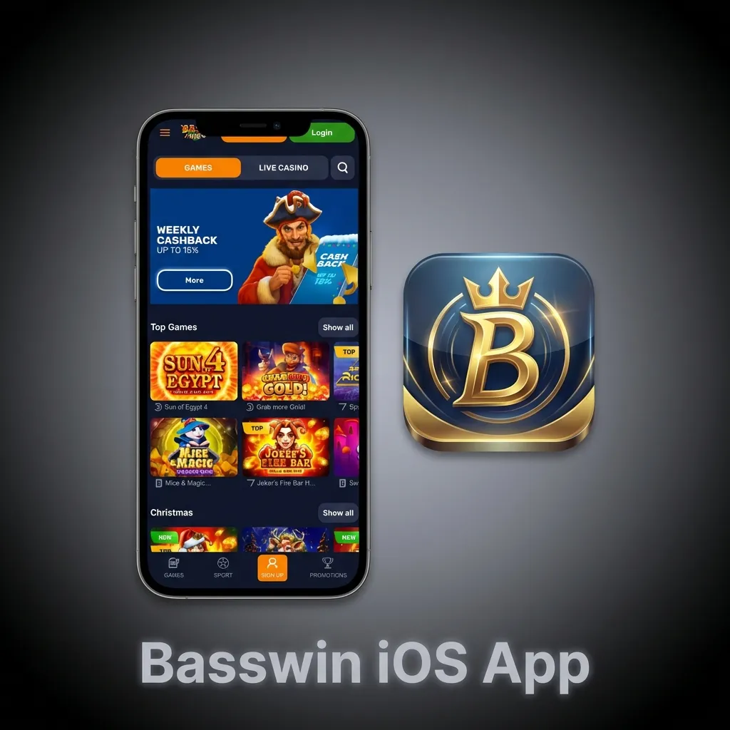 Basswin iOS app interface showing betting markets and casino games on iPhone and iPad devices
