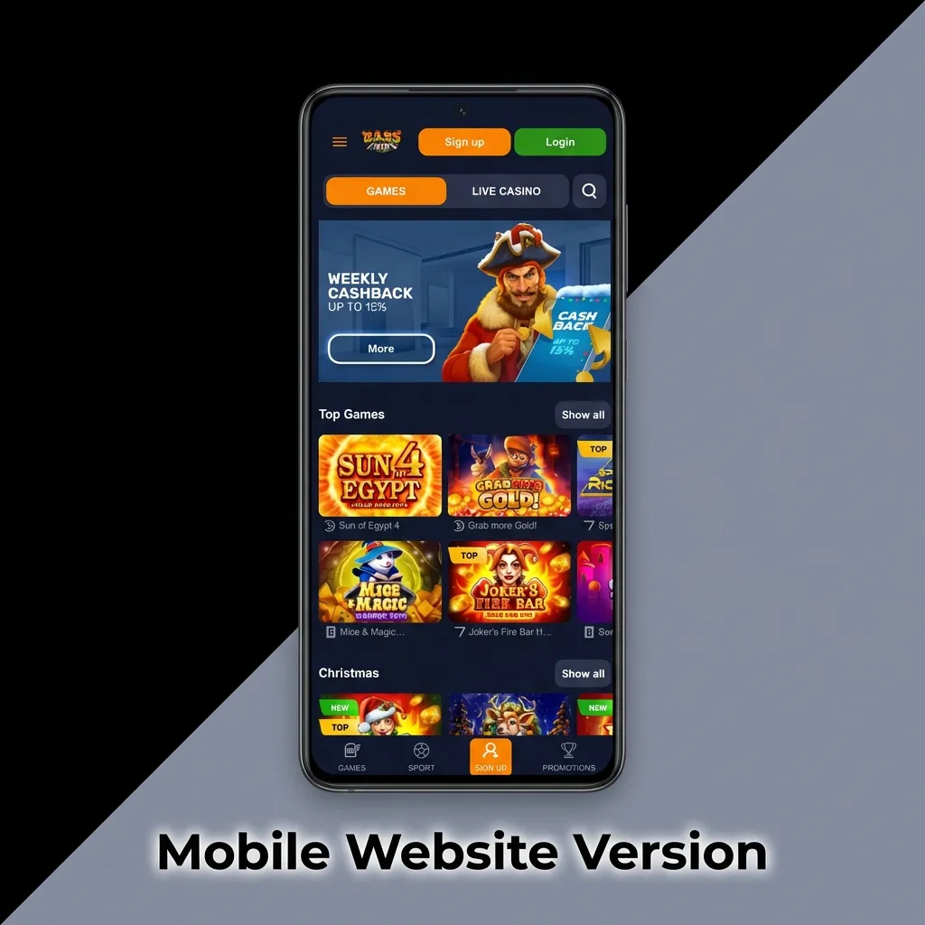 Mobile-optimized casino website showing responsive design with betting, slots, and account management on smartphone screen