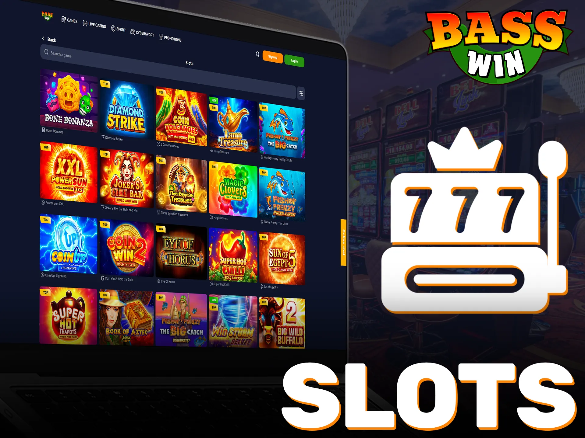 Play exciting casino slots and spin for big wins at Basswin.