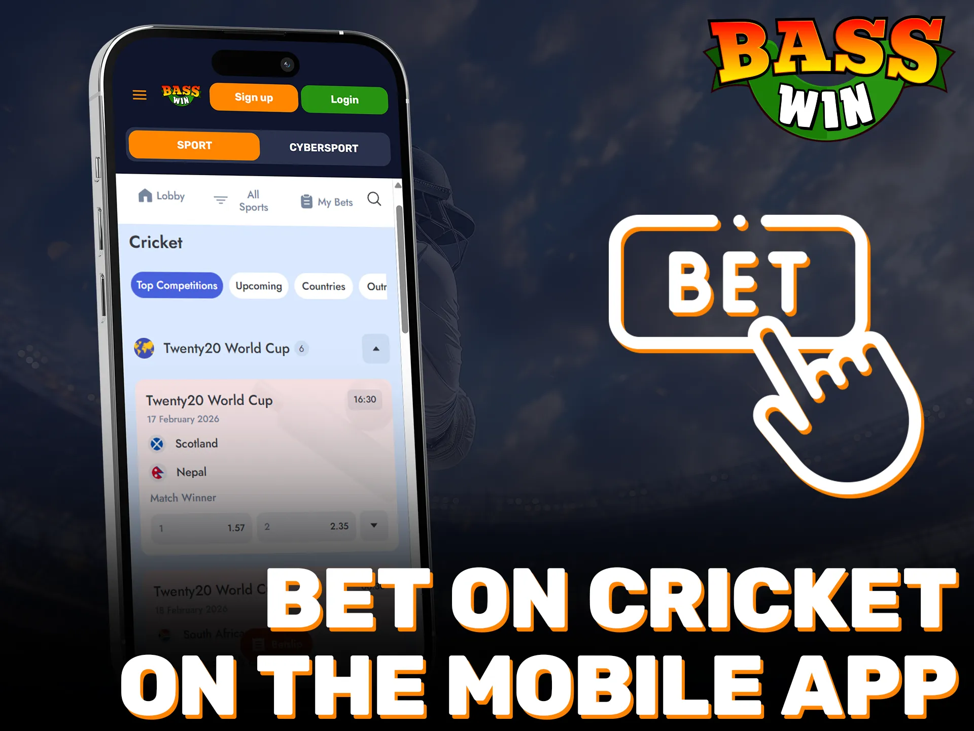 Bet on cricket using the official Basswin mobile app in UK.