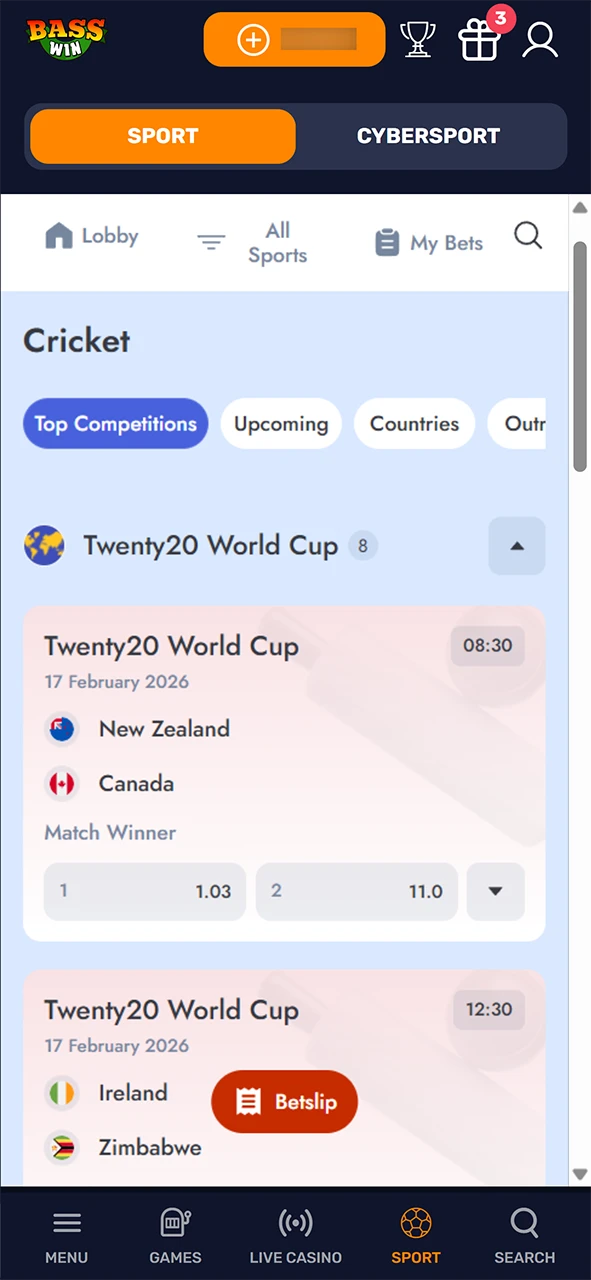 Pick a league and match for your favorite Basswin cricket betting.
