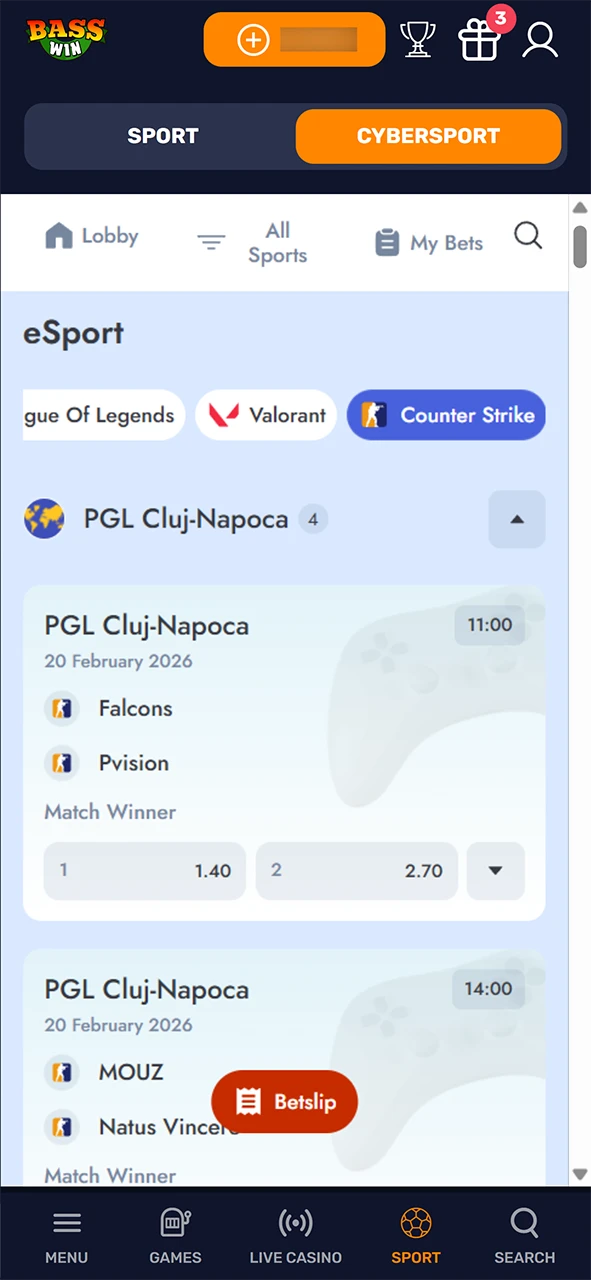 Deposit funds at Basswin to place your first CS2 wager.