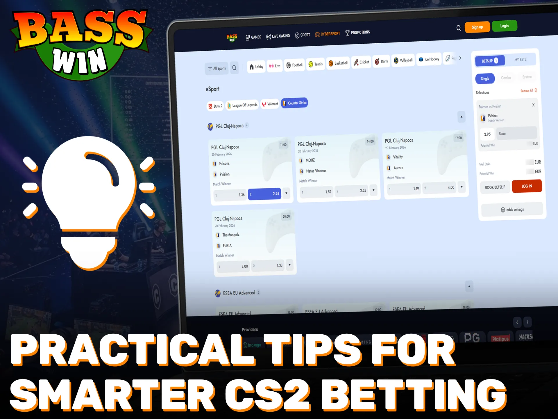Use professional CS2 betting strategies to win at Basswin.