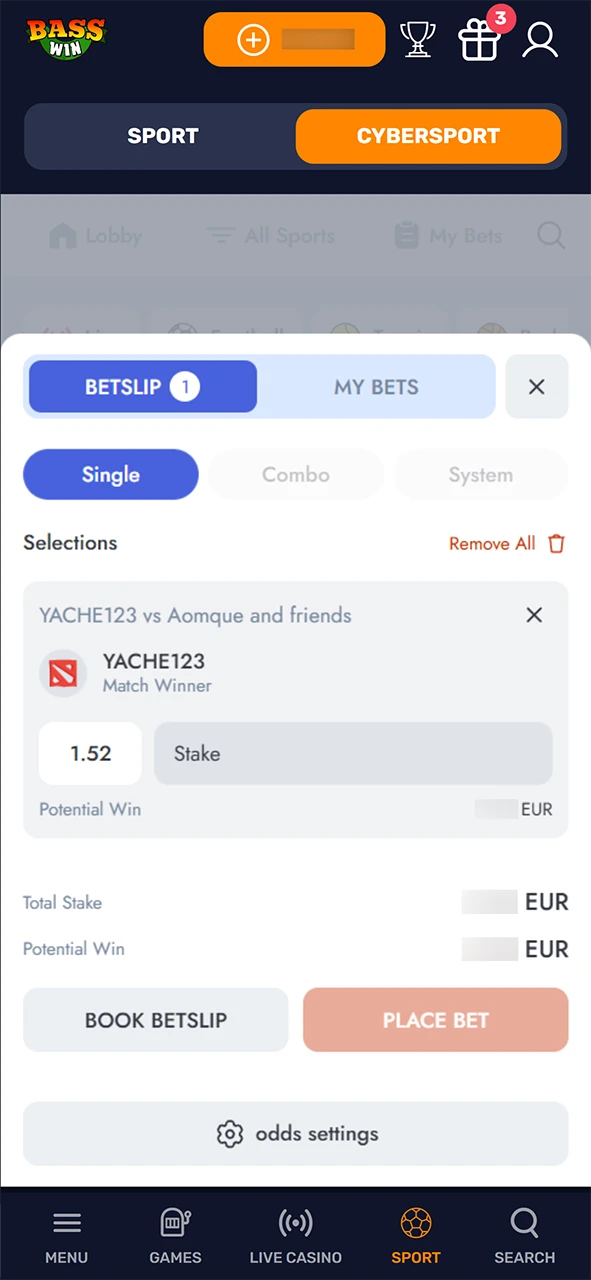 Place your Dota 2 wager and confirm the selection at Basswin.