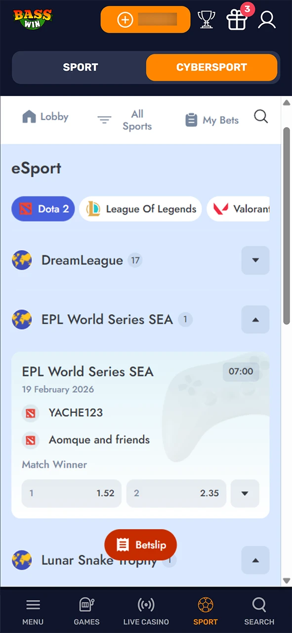 Browse the Dota 2 Basswin esports section and choose a tournament.