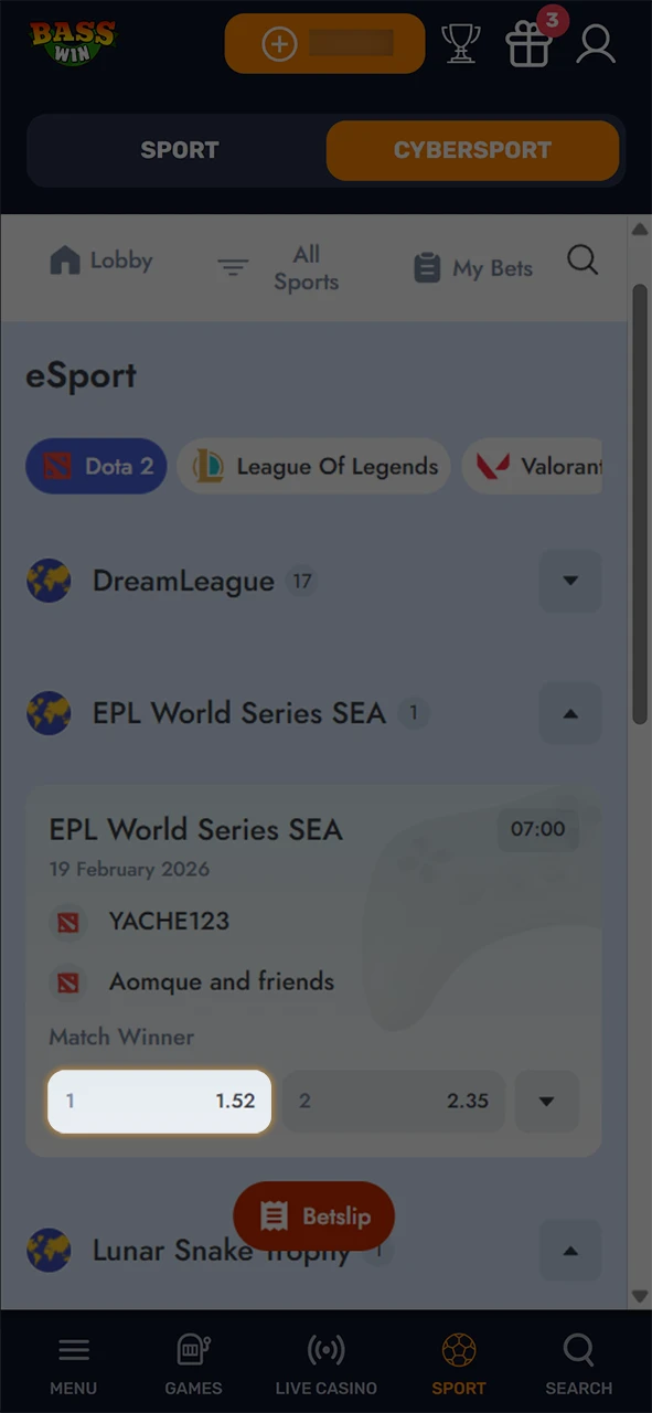 Add your favorite Dota 2 match markets to the betslip at Basswin.