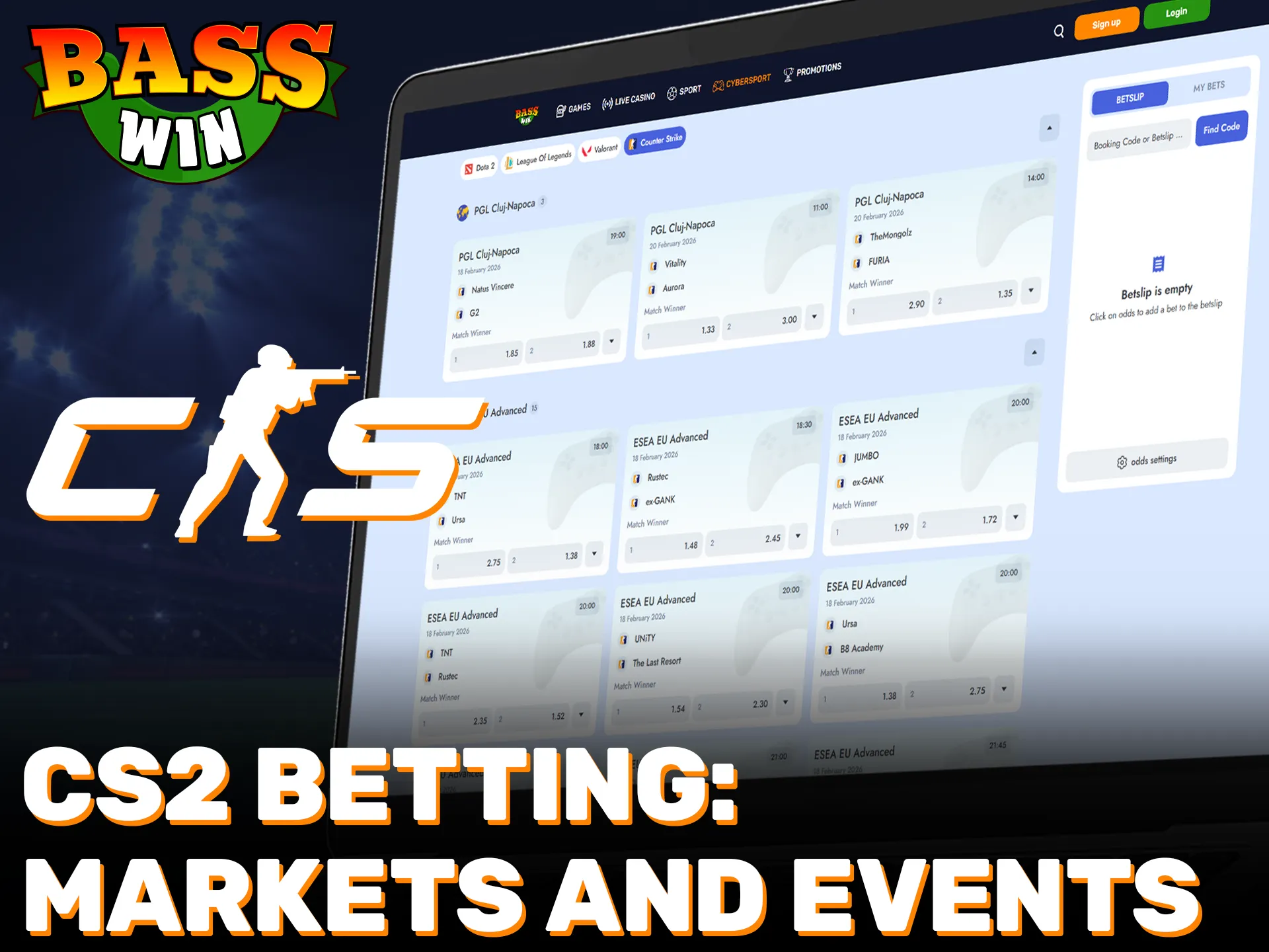 Place your bets on CS2 events using the Basswin platform.