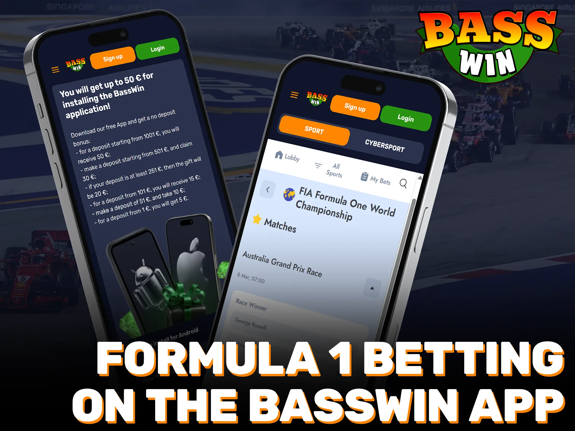 Download the official Basswin F1 app for mobile motorsports betting.