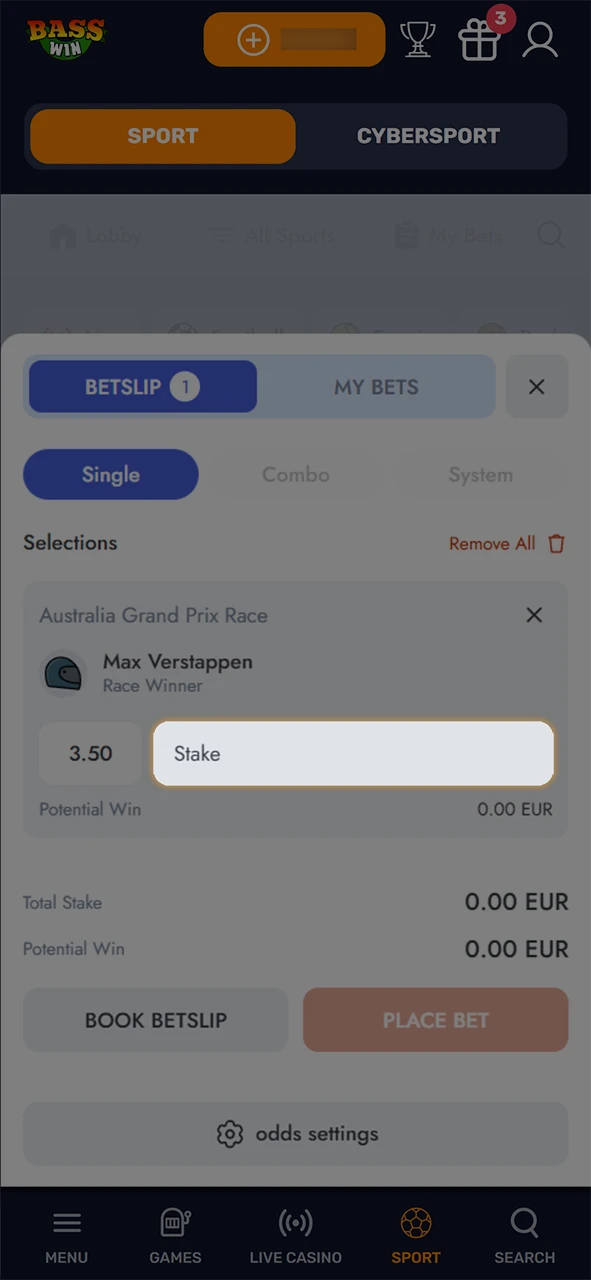 Enter a stake for your F1 betting slip at Basswin.