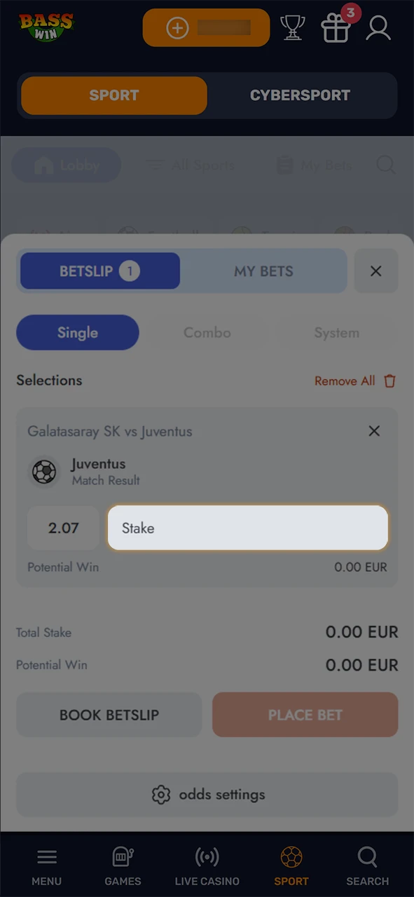 Enter a stake in the bet slip for football betting at Basswin.