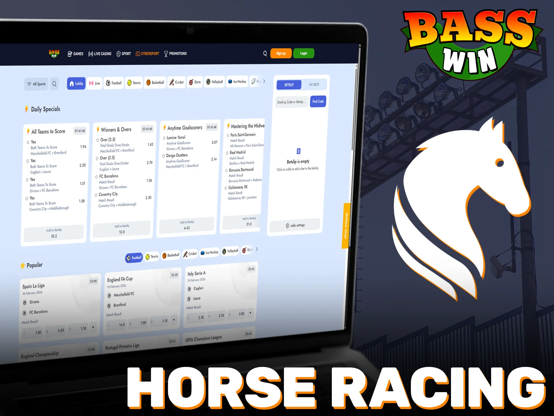 Experience elite Horse Racing markets through the mobile Basswin app.