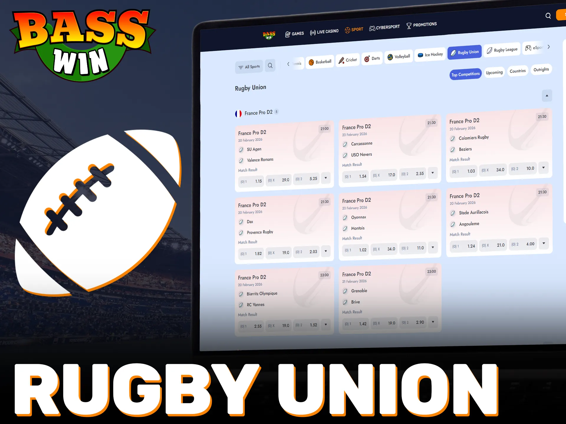 Support your favorite Rugby Union teams on the Basswin app.