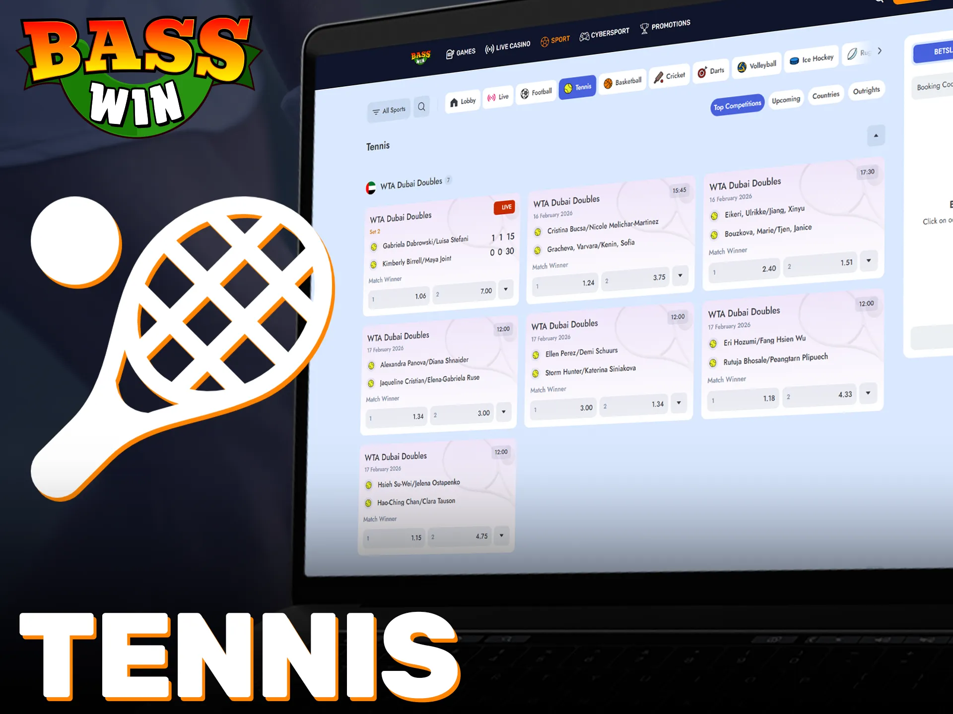 Wager on global Tennis tournaments with the Basswin app.