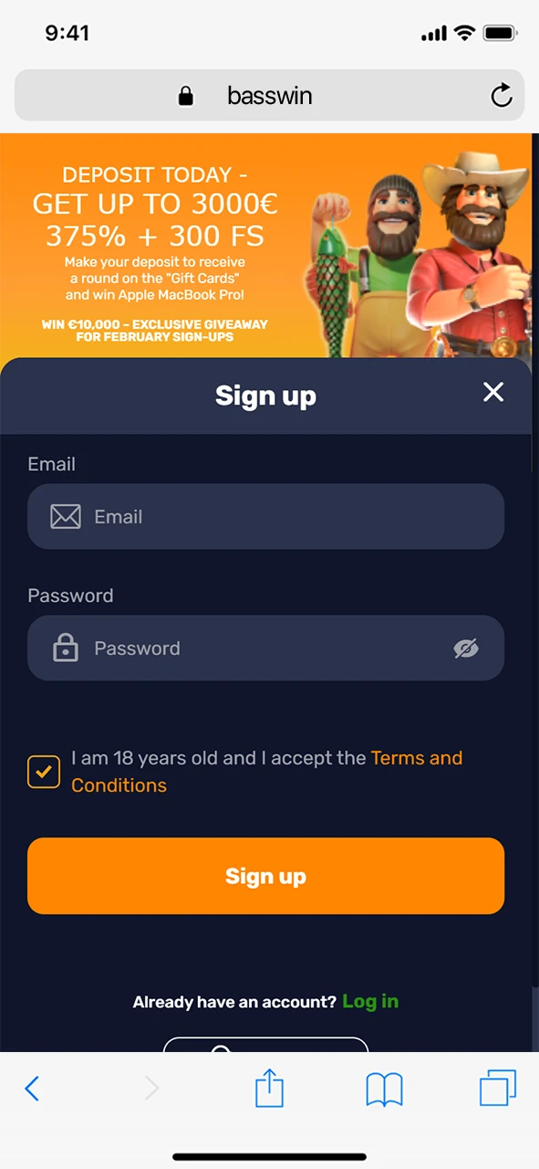 Register your account or log in to the Basswin iOS app easily.