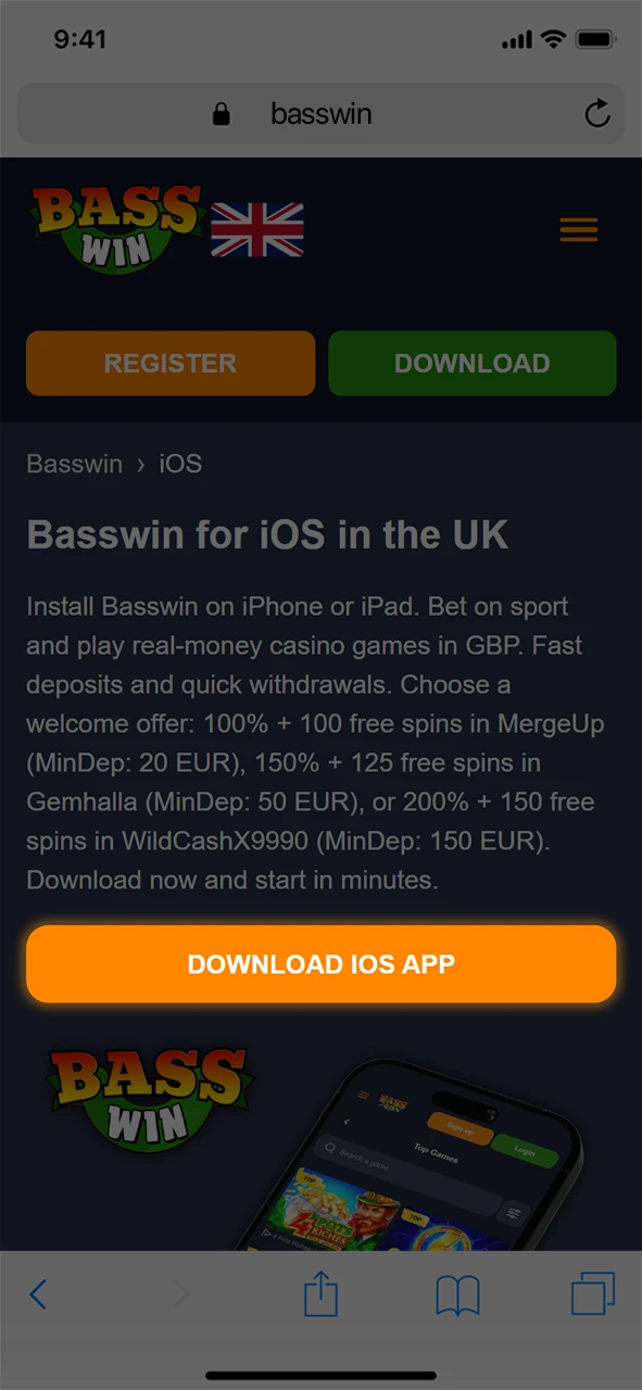 Use the Safari browser to open the official Basswin install link.