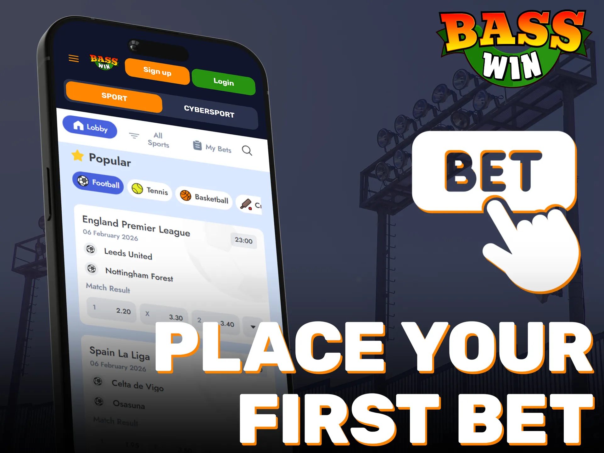 Place your first mobile bet via the official Basswin iOS app.
