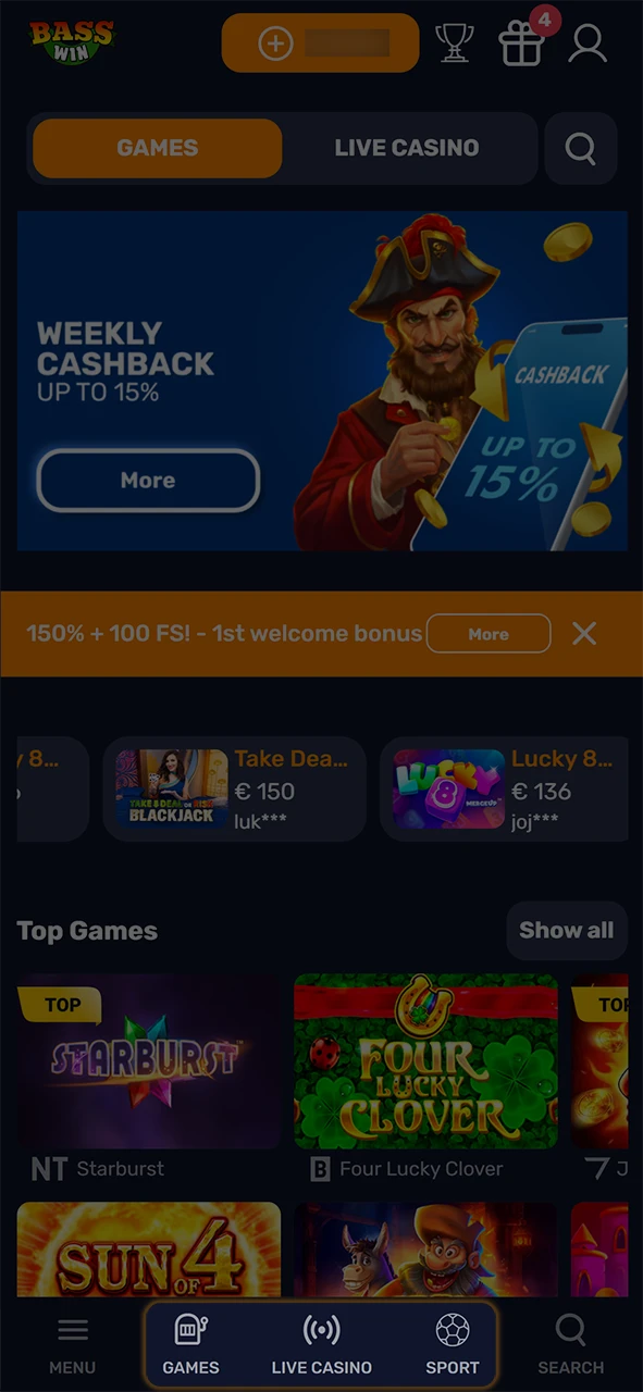 Select your preferred category after completing the app Basswin login.