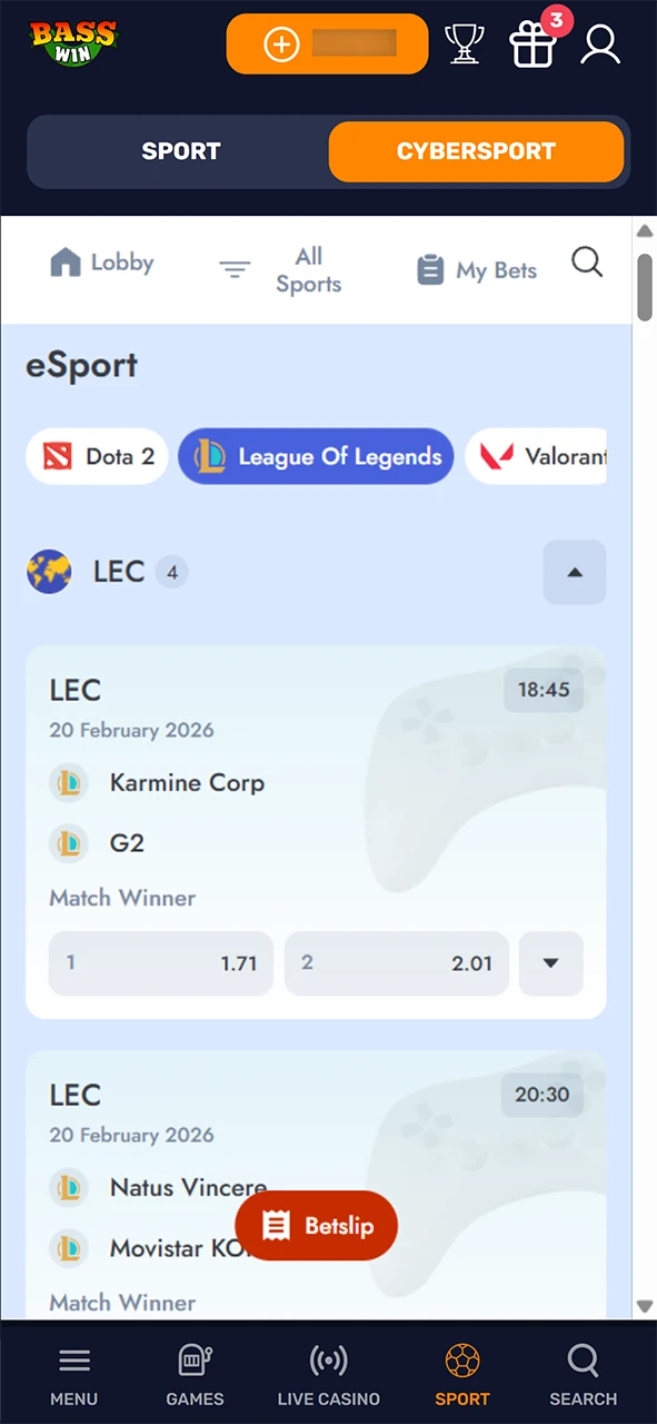Find the League of Legends section in the Basswin esports lobby.
