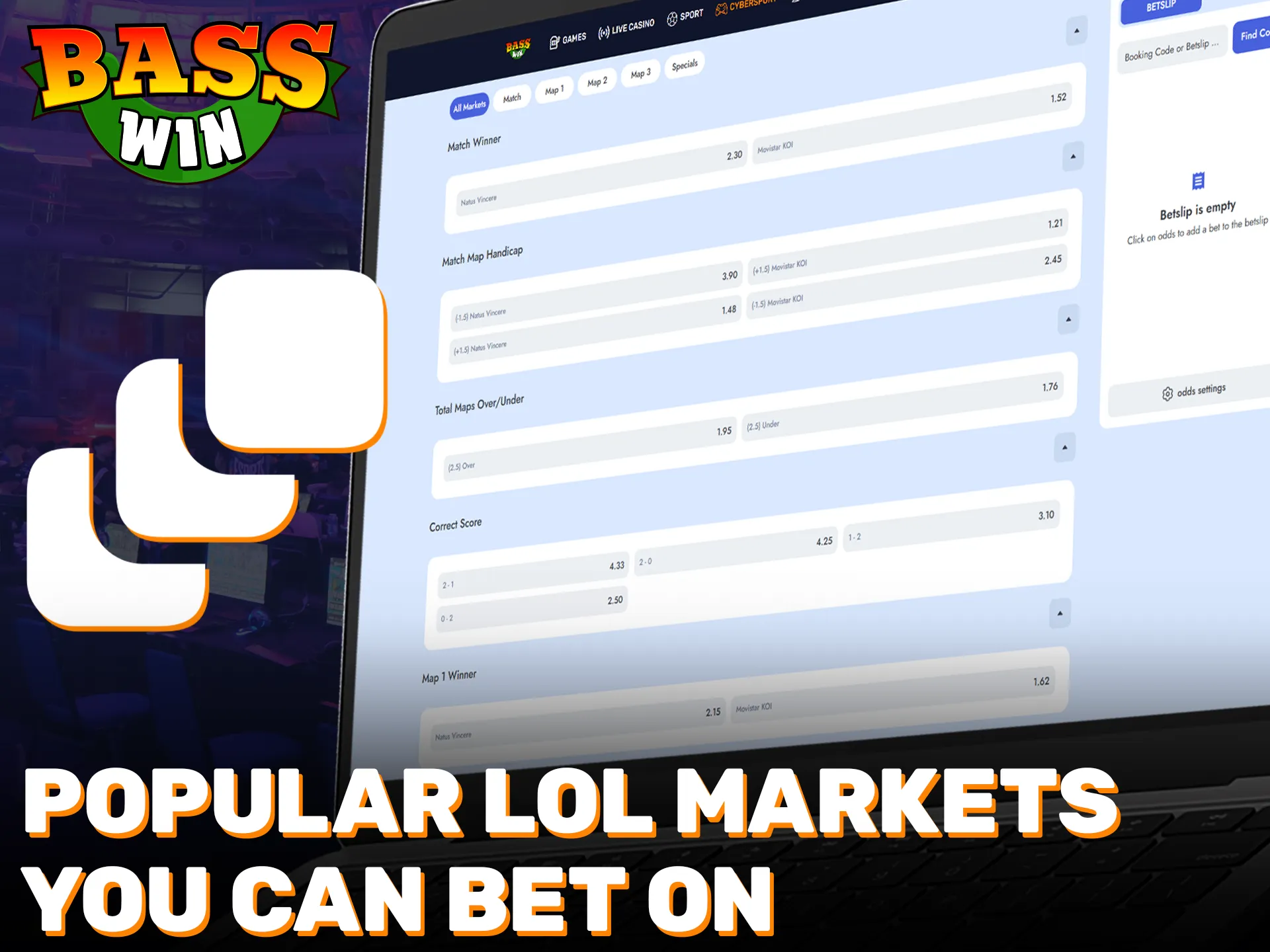 Explore the most popular LoL betting markets at Basswin Official.